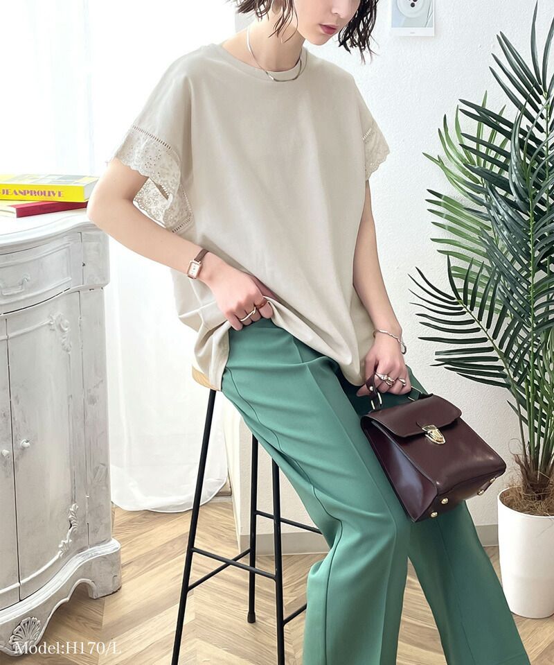 日本 Classical Elf - 100%棉 透氣蕾絲拼接短袖上衣-灰米