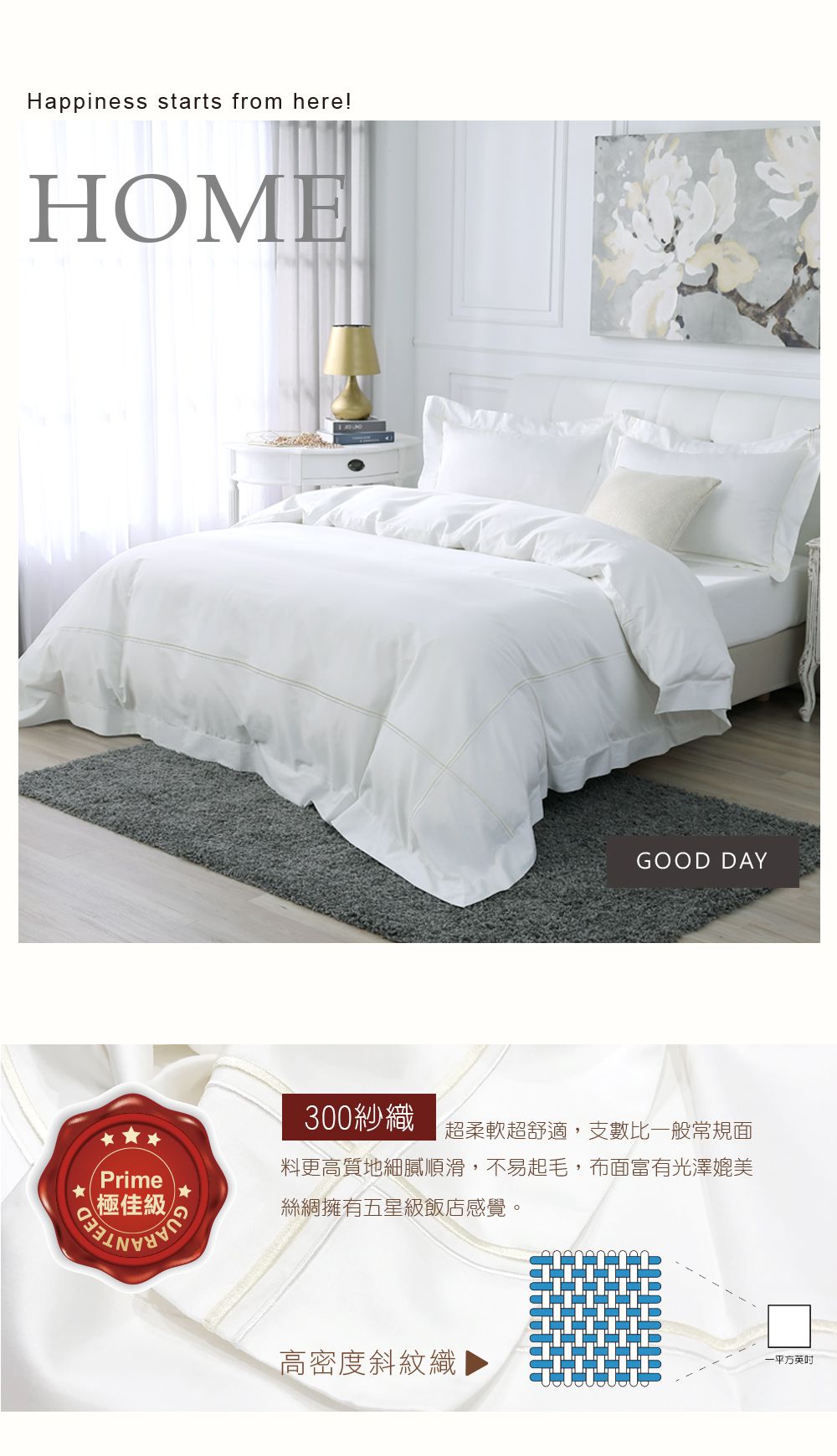 鴻宇 HongYew - 雙人薄被套 300織美國棉 純色刺繡-簡約白