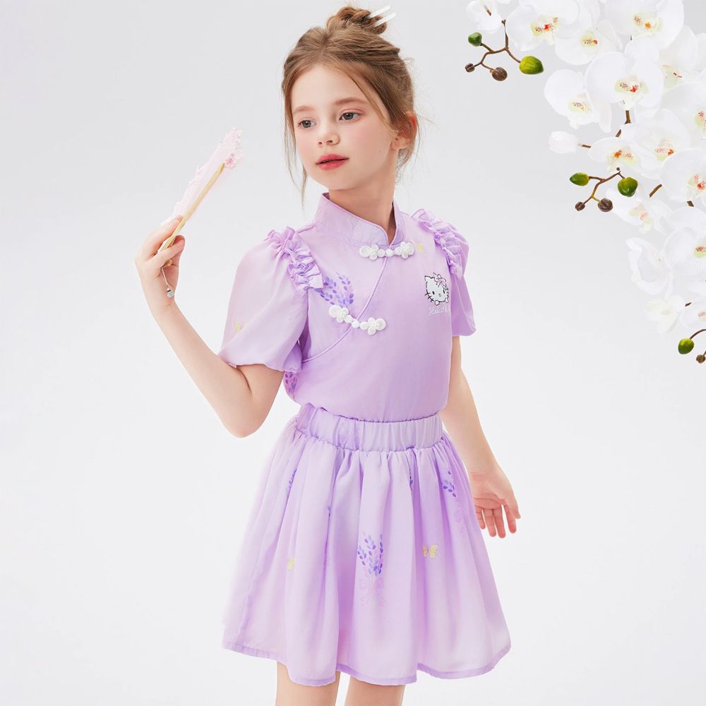 立領澎澎短袖上衣+短裙套裝-卡通人物Hello Kitty-紫色