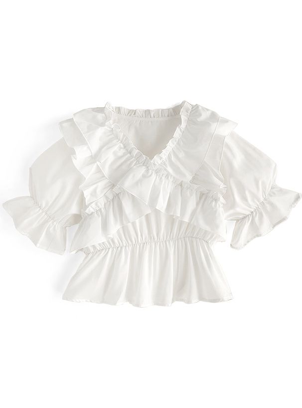 日本 GRL - 華麗荷葉邊層次短袖上衣-白 (F)