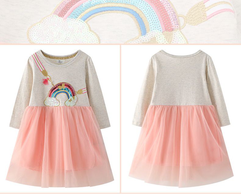 Jumping meters - 棉質圓領長袖連身網紗洋裝-亮片彩虹-灰+橘粉