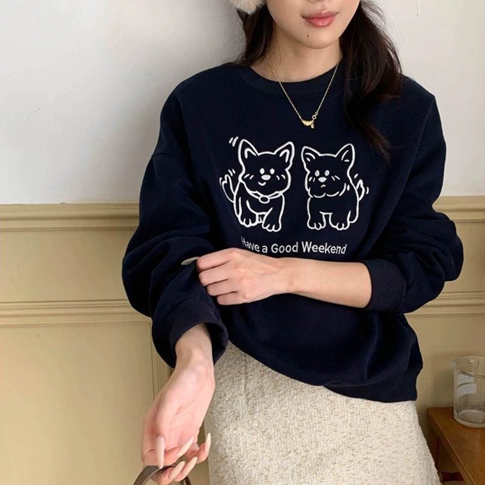 長袖大學T-俏皮小狗刺繡-藏青 (F)