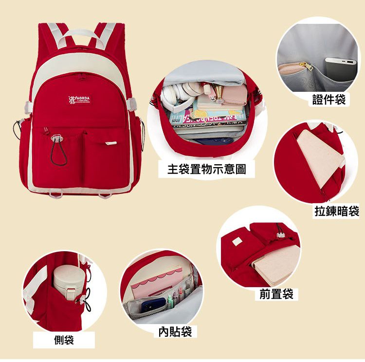 休閒雙口袋多隔層書包-紅色