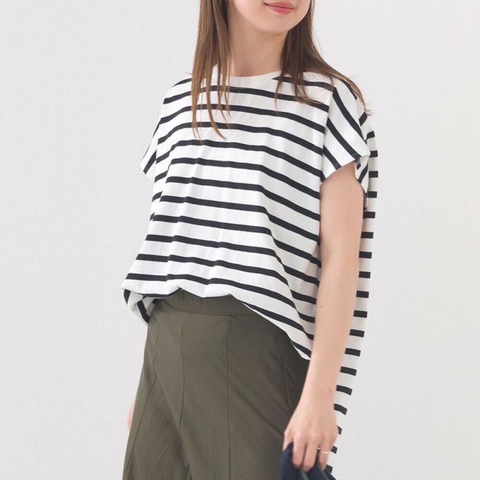 日本 OMNES - 接觸冷感 純棉不易皺法式袖上衣-細條紋-黑x白