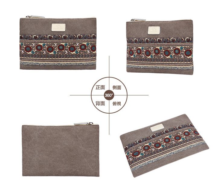 復古拼接帆布收納包-民族風-淺灰色 (FREE)