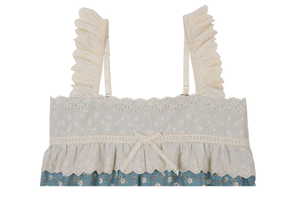 韓國 ULLALA - 蕾絲花邊無袖睡衣(兩件式)-藍 (FREE)