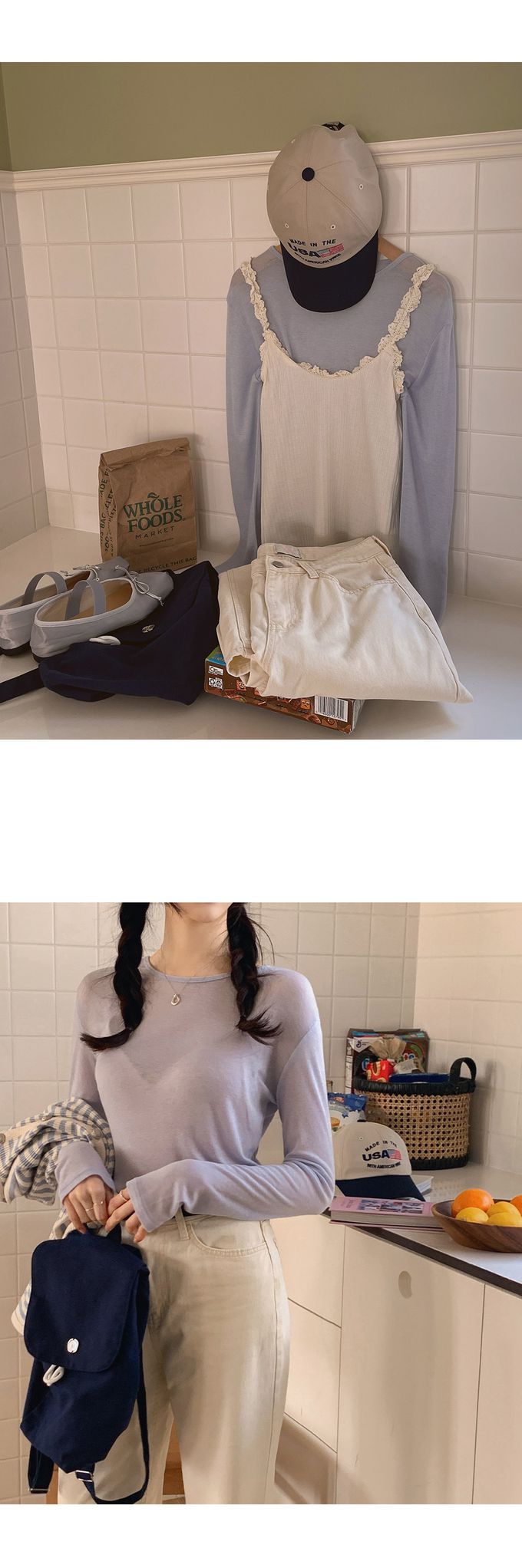 韓國女裝代購 - 換季必備！極簡薄透長袖上衣-灰藍 (FREE)