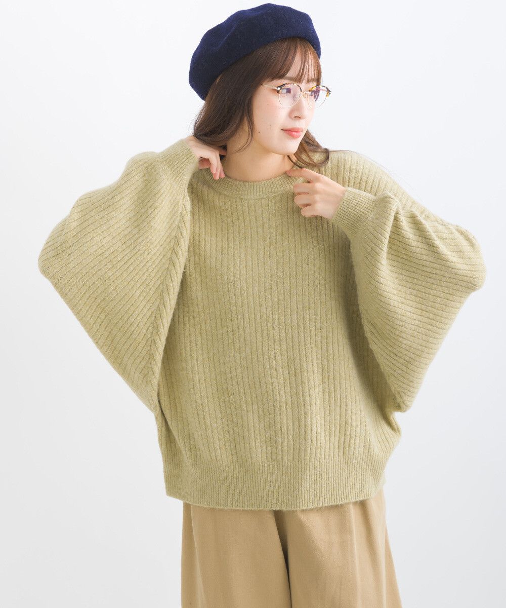 日本女裝代購 - 大寬袖圓領混色針織上衣-米黃