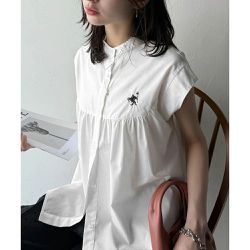 日本 Classical Elf - 刺繡logo成熟俐落法式袖襯衫-白