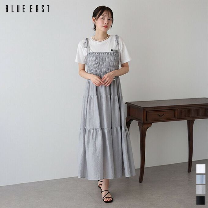 日本 BLUE EAST - 清爽透膚感皺摺綁帶分層洋裝-灰