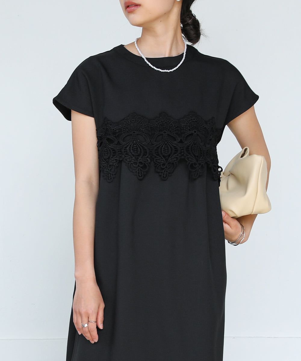 日本 Bab - 前蕾絲拼接短袖洋裝-黑