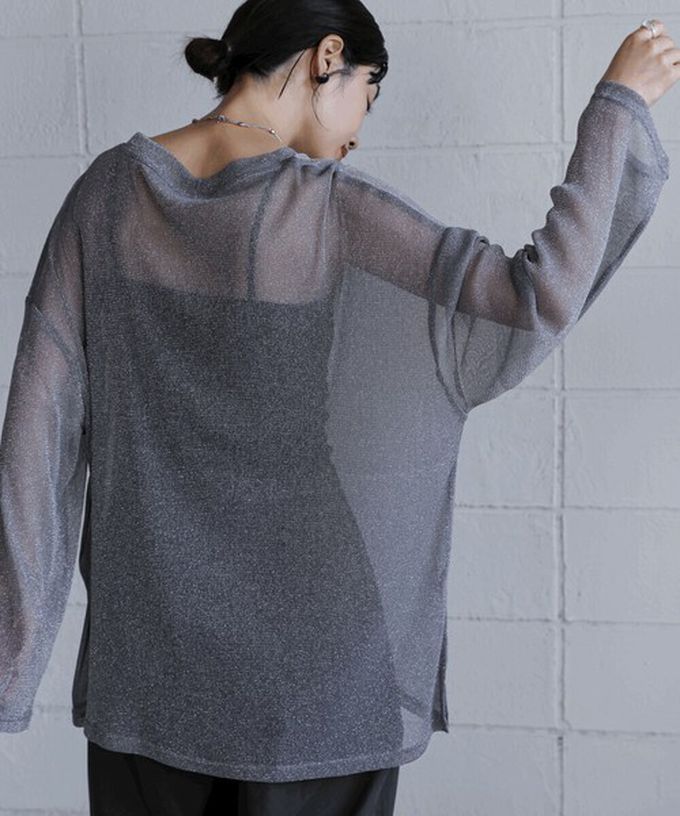 日本 Bab - 光澤閃耀透膚寬版長袖上衣-深灰