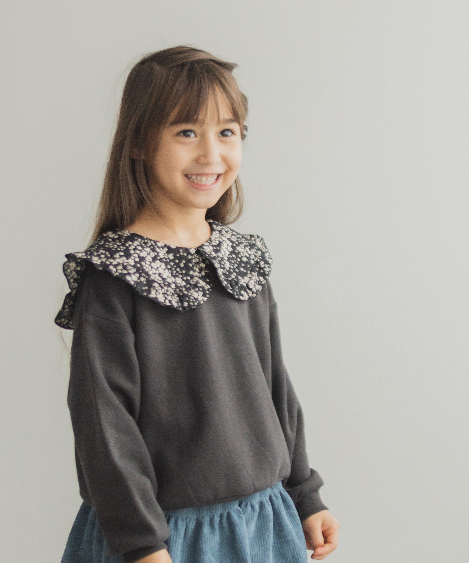 日本 PAIRMANON - 歐風翻領刷毛長袖上衣-碎花領-煙燻粉