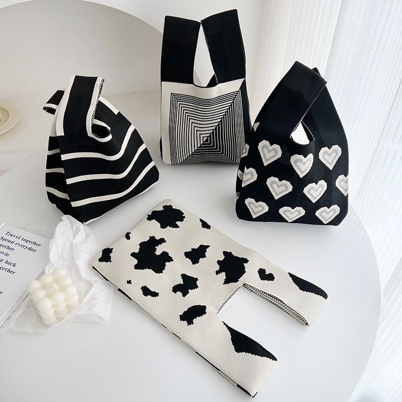 輕便休閒針織手拿包/手提包-黑白條紋-黑+白 (20x35cm)