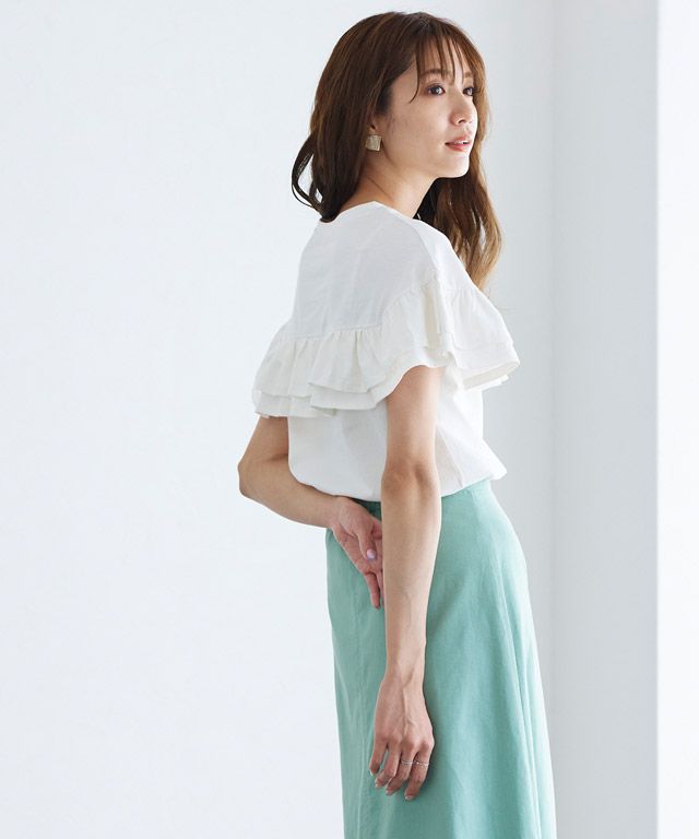 日本 Pierrot - 甜美氣質荷葉滾邊短袖上衣-磚紅橘