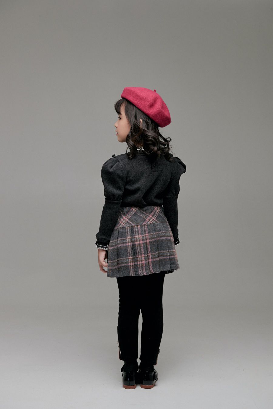 韓國 Coco Bang - 格紋學院風百褶裙-淺灰X粉紅