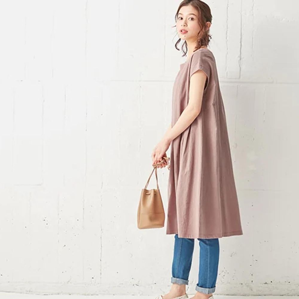 日本 BELLUNA - 純棉素面修身A字短袖洋裝-粉