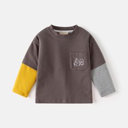 WELLKIDS - 假兩件袖拼接圓領長袖上衣-松鼠-灰色