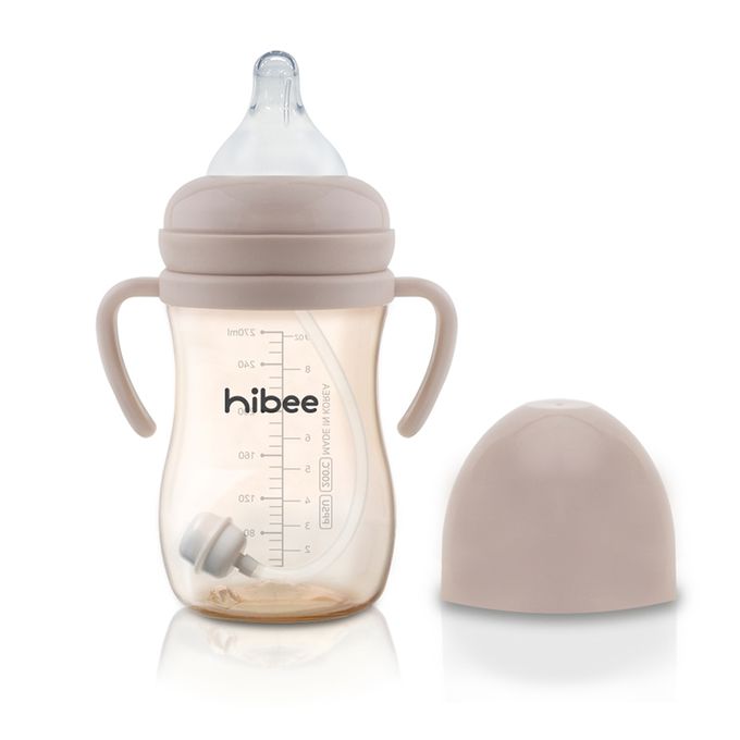 正韓 hibee - 蜜糖Q瓶 仿媽咪乳房感 PPSU 防脹氣寬口奶瓶/水瓶270ml_含重力球吸管與把手-米_HB1N (附吸管刷)