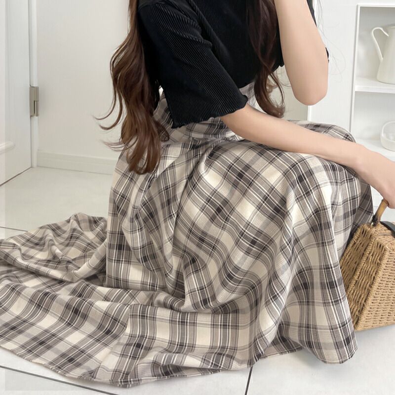 日本 Classical Elf - 浪漫格紋拼接後綁帶短袖洋裝-經典黑