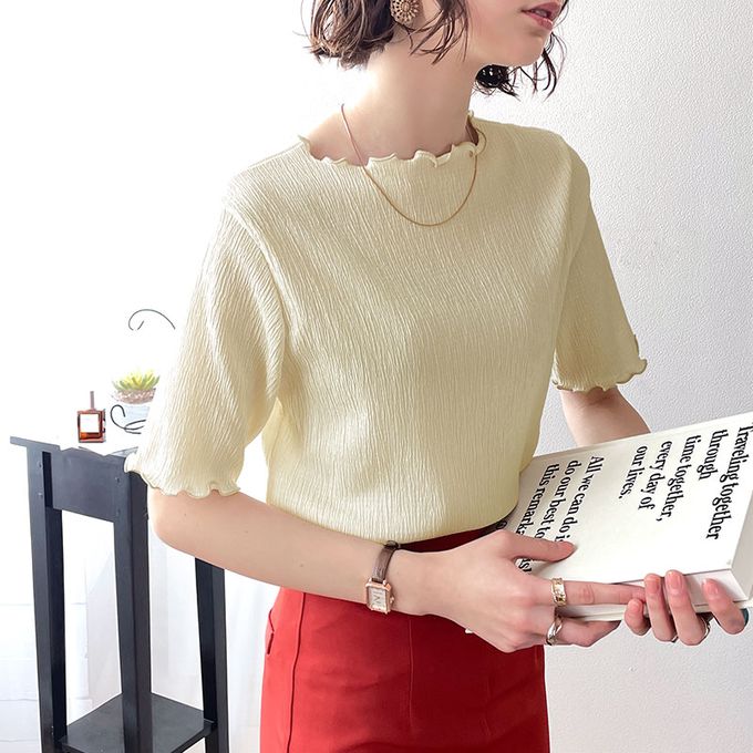 日本 Classical Elf - 氣質紋理木耳邊短袖上衣-米杏