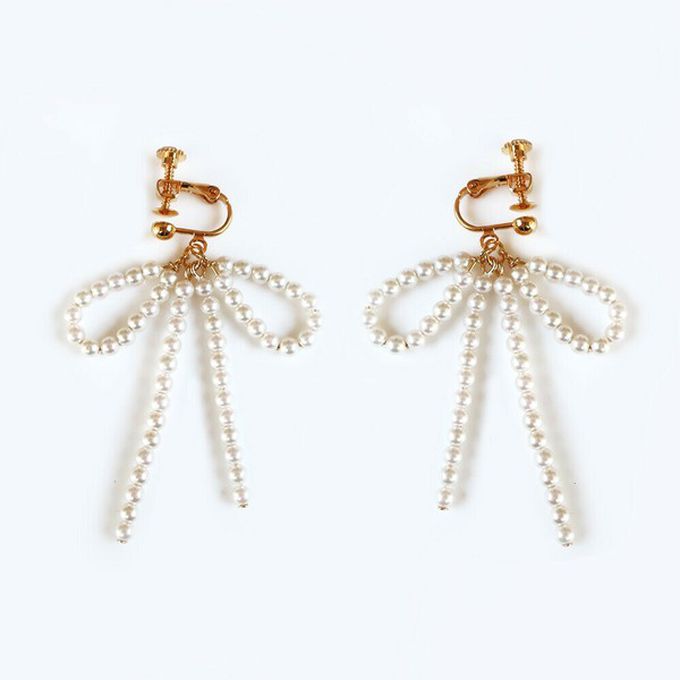 日本 Melody Accessory - 可愛感珍珠蝴蝶結耳環-金