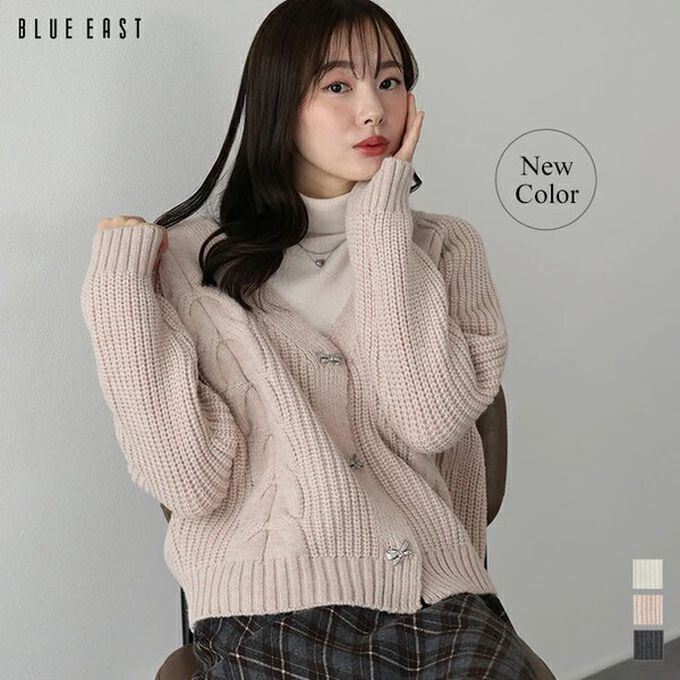 日本 BLUE EAST - 蝴蝶結寶石V領麻花粗編開襟衫-白 (M)