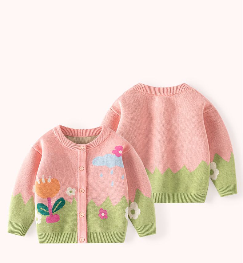 純棉圓領針織排釦外套-花花世界-粉色