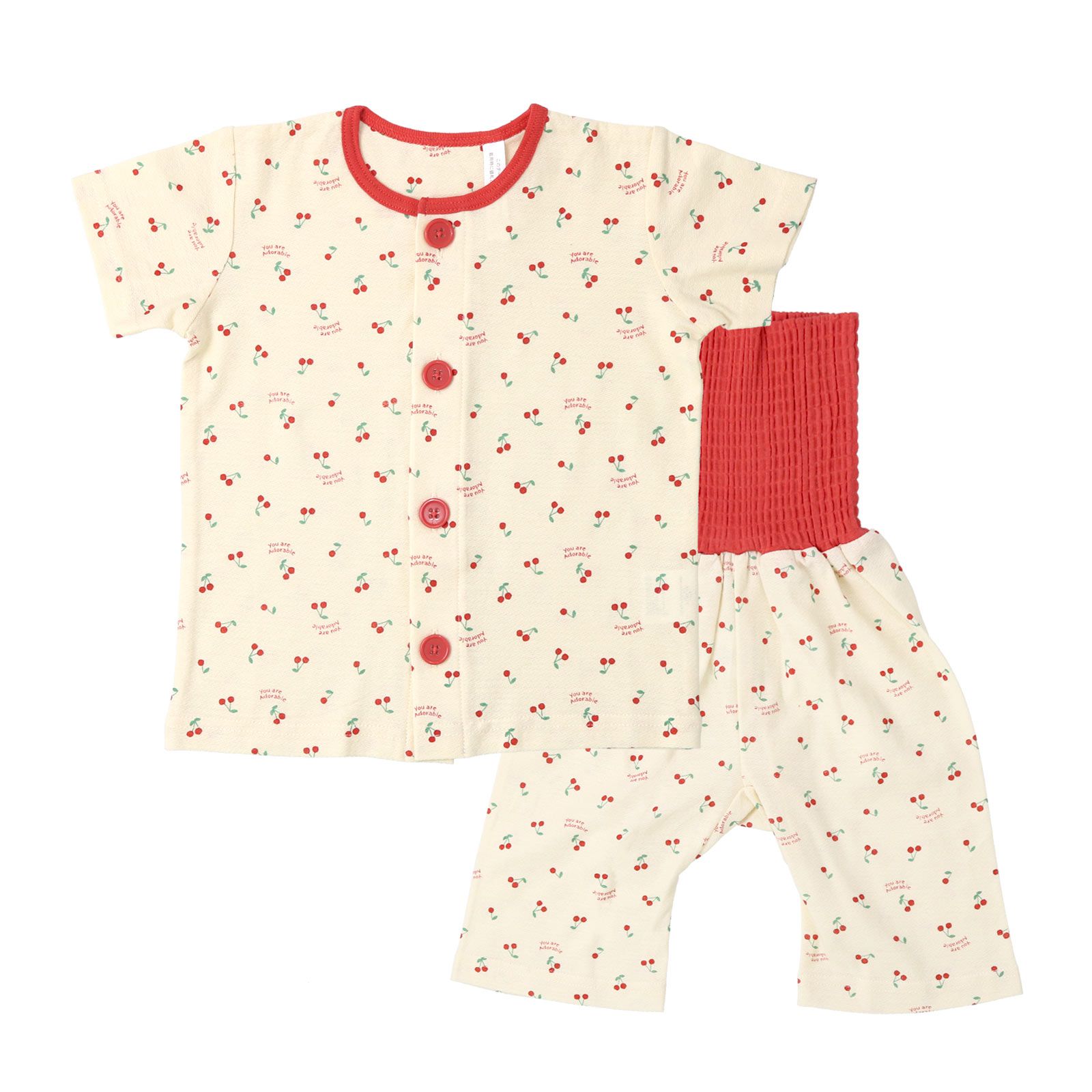 日本 ZOOLAND - 天竺棉鈕扣式腹卷短袖家居服/睡衣-櫻桃-奶油杏