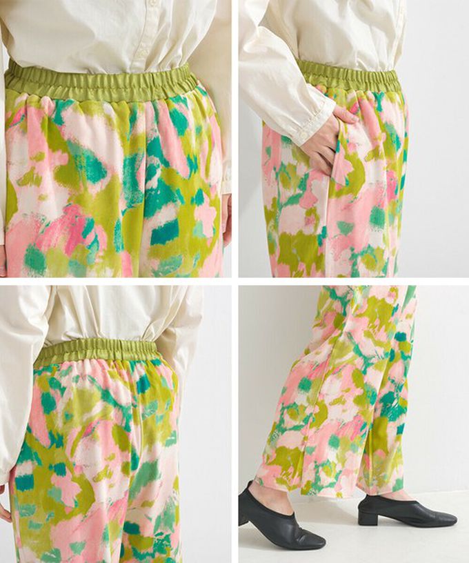 日本 le colis - [人氣款]柔和季節感印花輕盈寬褲-暈染-粉紅x綠