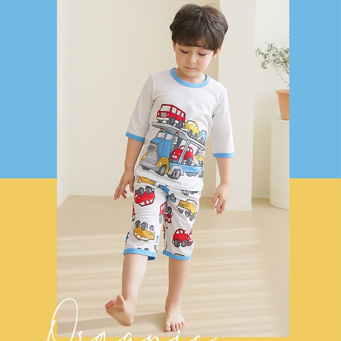 正韓 Puco - 超優質嬰幼兒/兒童七分袖100% 有機純棉家居服/睡衣-車車家族