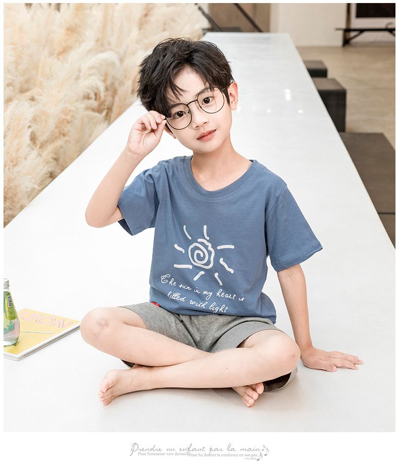 純棉兒童短袖家居服套裝-微笑太陽花-莫蘭迪綠