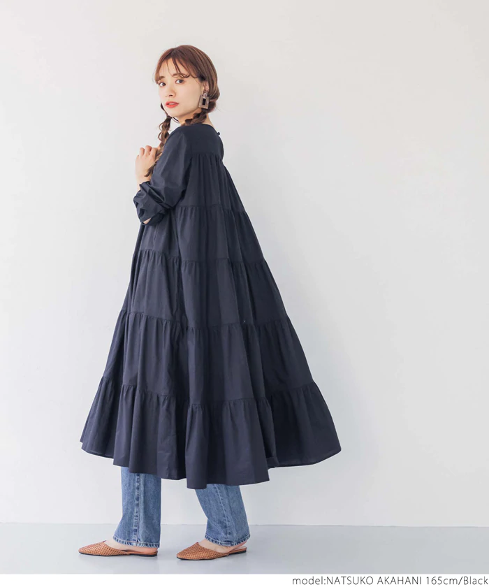 日本 COCA - 純棉氣質超寬鬆A字蛋糕層次長袖洋裝-紫