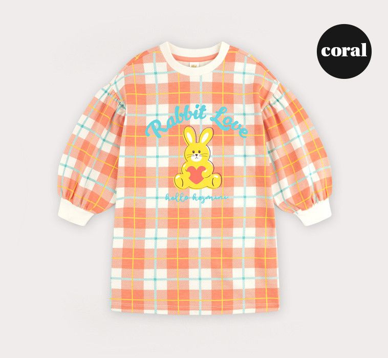 韓國 HEJMINI - 可愛小兔格紋長版連身裙-珊瑚