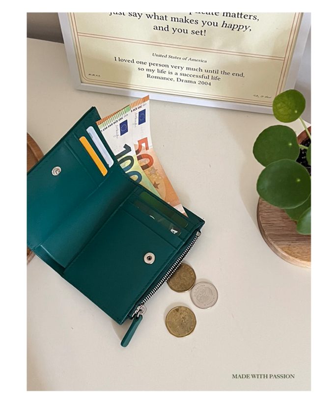 韓國 THEALLY - 牛皮對折短夾(含零錢袋)-焦糖咖