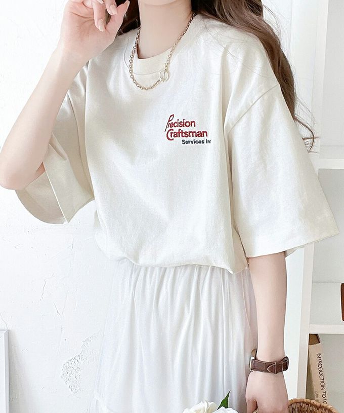 日本 Classical Elf - 100%棉 胸前logo點綴短袖上衣-黑白條紋