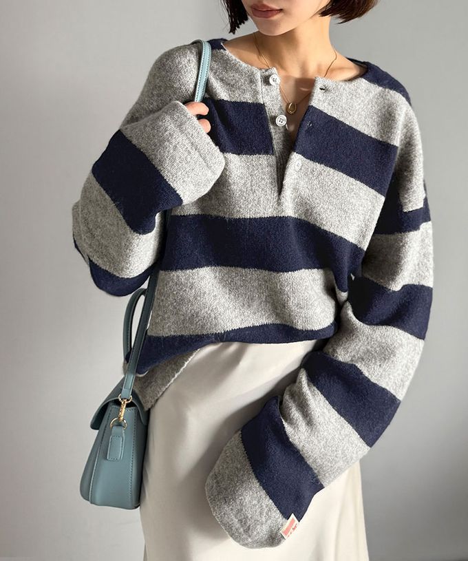 日本 Classical Elf - Java 率性亨利領寬鬆厚針織上衣-黑x灰