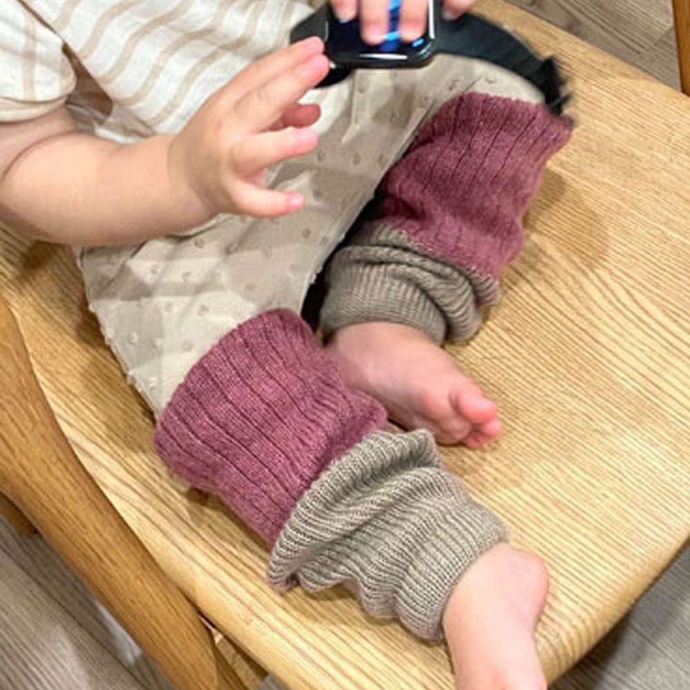 日本製 羊毛混絲綢保暖兒童襪套-莓果紫x淺杏 (F)