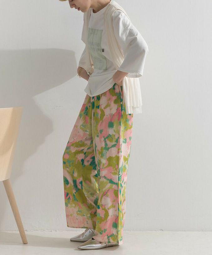 日本 le colis - [人氣款]柔和季節感印花輕盈寬褲-暈染-灰卡其