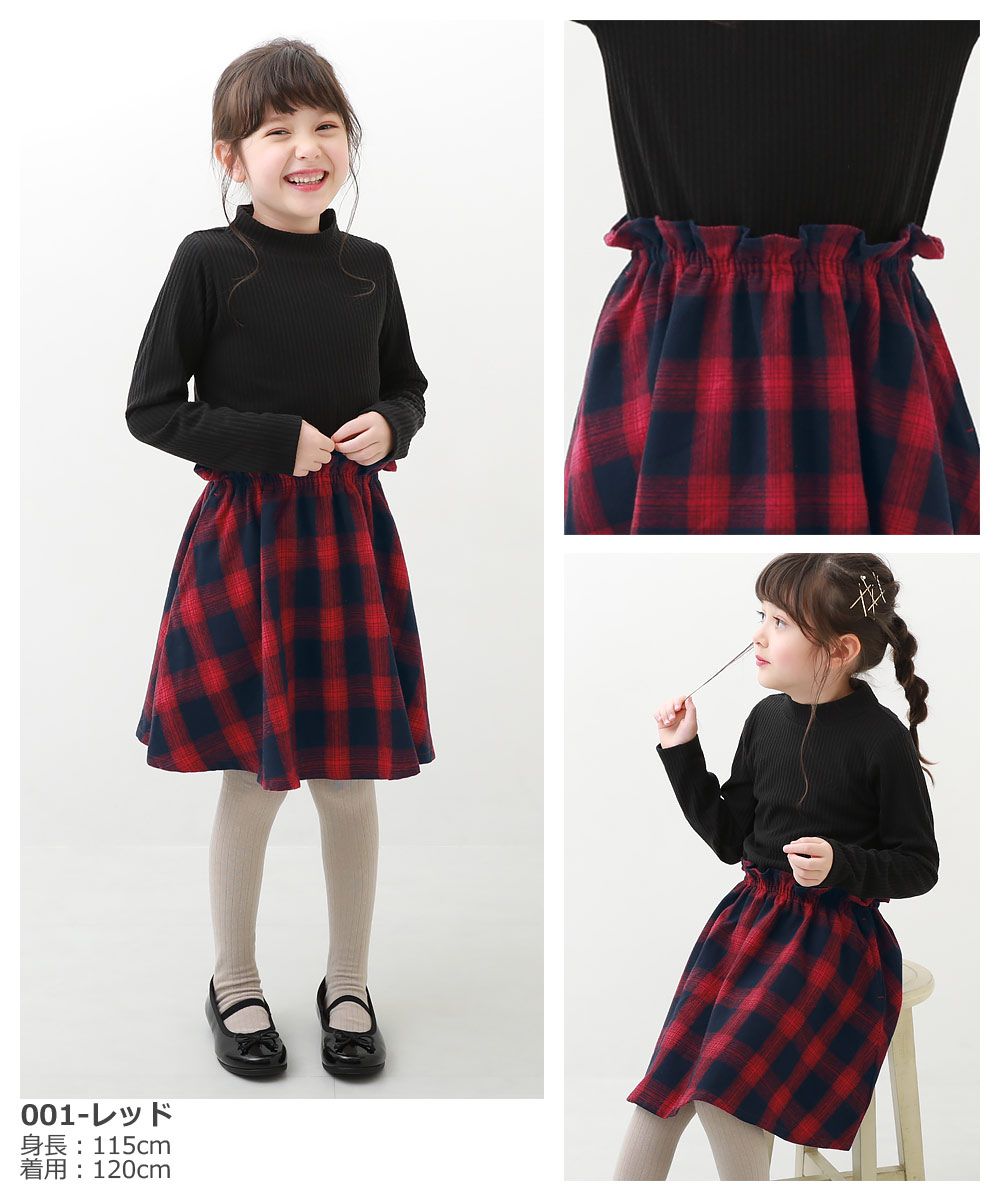 日本 devirock - 甜美羅紋拼接長袖洋裝-格紋裙-咖啡x深藍