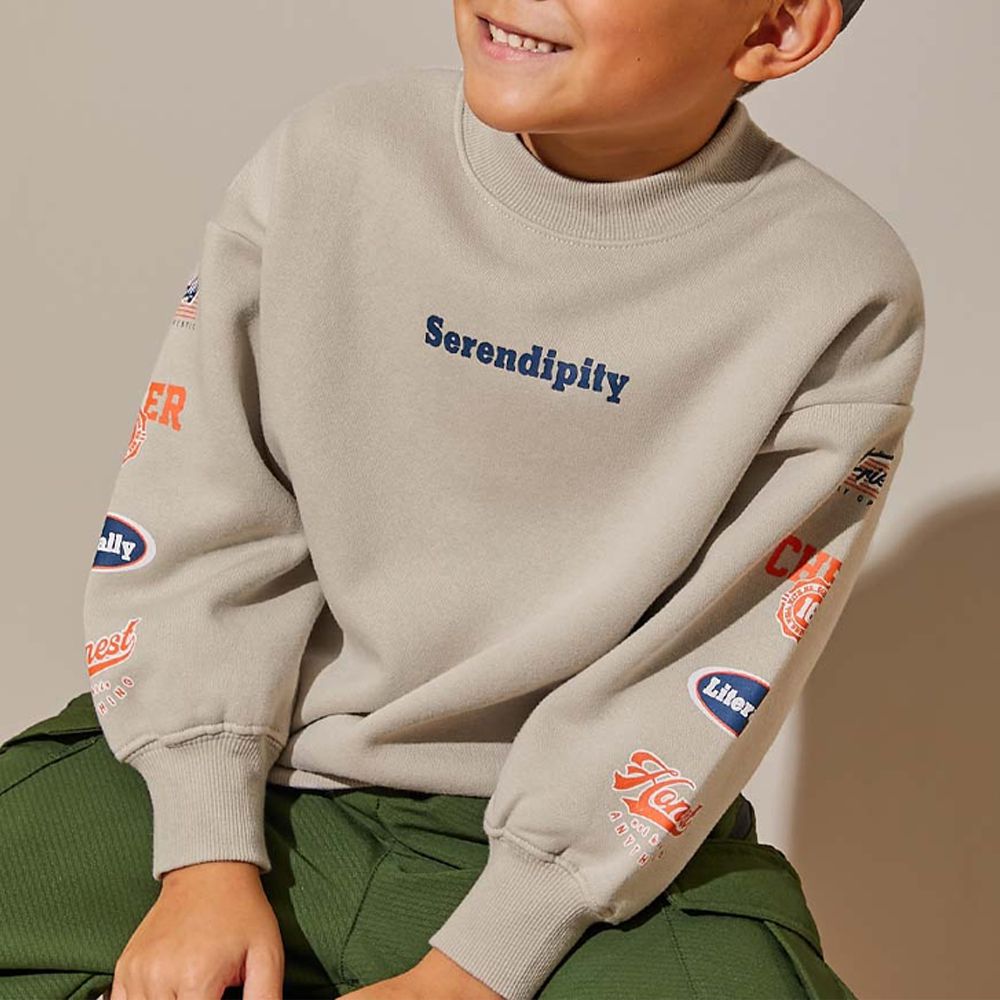 裏起毛個性印花大學T-袖logo-灰棕