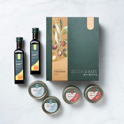 GREEN & SAFE 永豐餘生技 - (2盒組)莊園油品禮盒+福氣醬料禮盒-Extra virgin橄欖油250ml x2、 橄欖油漬鮪魚150g x2、 橄欖油茄汁鯖魚230g x2/永豐寬麵 300g 、 永豐細麵 300g、 永豐高纖麵200g、 油蔥150g 、 猴頭菇素拌醬160g
