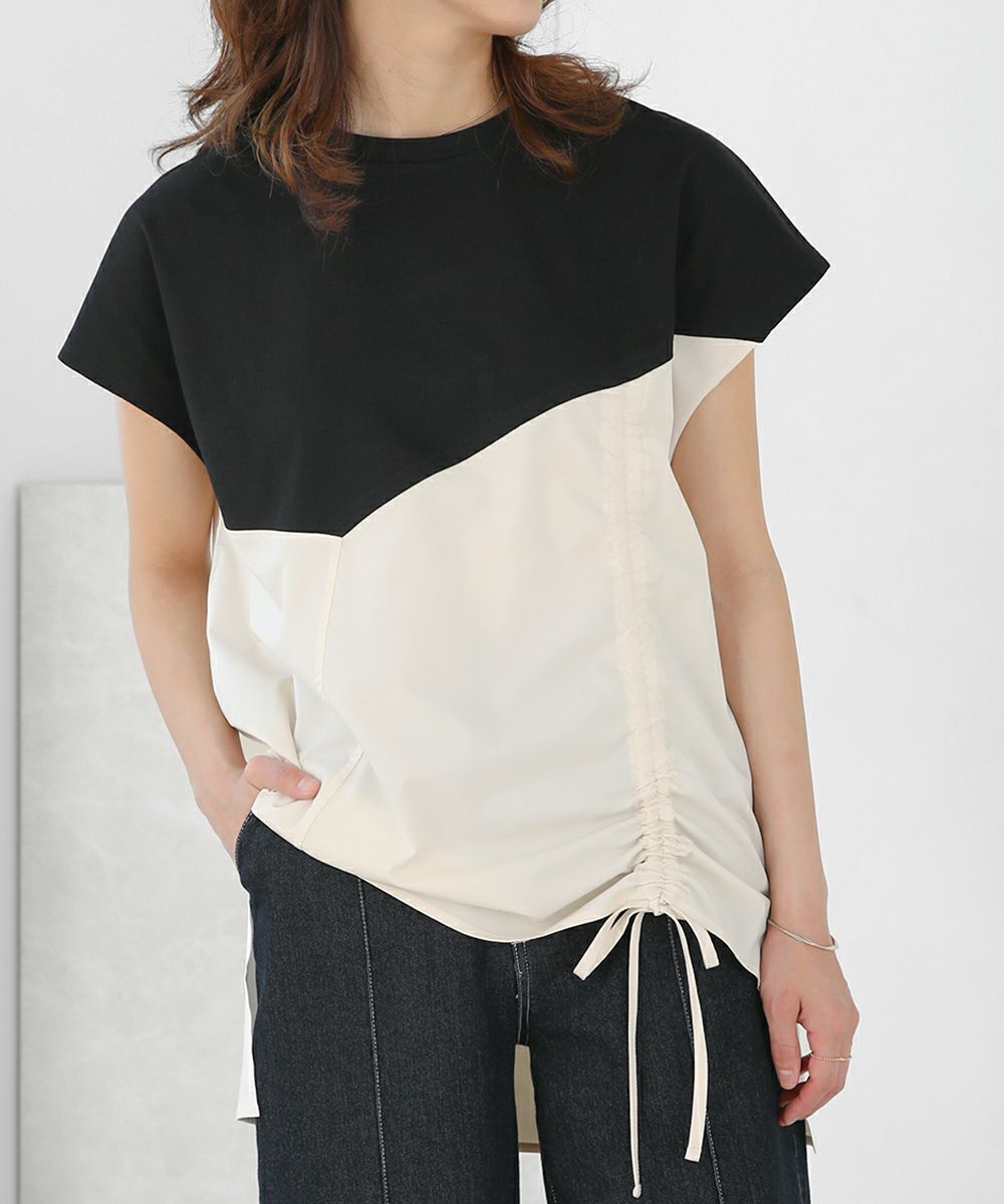 日本 Bab - 撞色拼接抽繩法式袖上衣-白