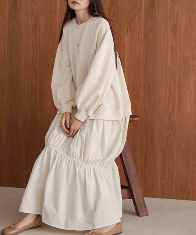 日本 Bab - 柔美造型皺摺拼接長袖洋裝-淺杏