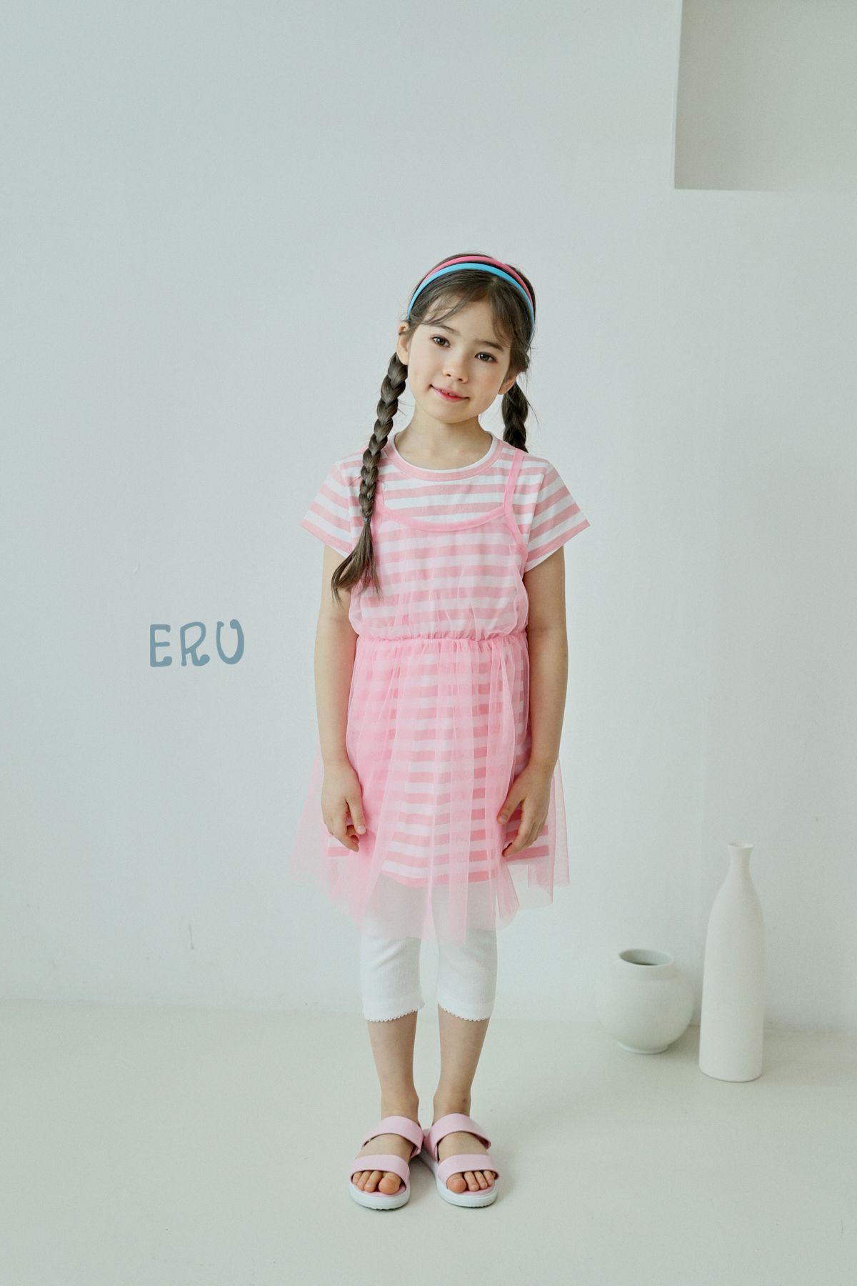 韓國 ERU - 假兩件條紋網紗洋裝-綠