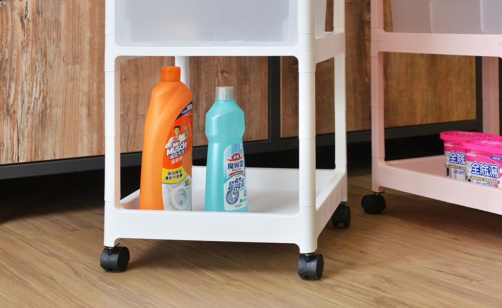 PICKup - 可移式四層抽屜多用途收納推車(3抽)-DIY-霧透抽屜款(粉白)