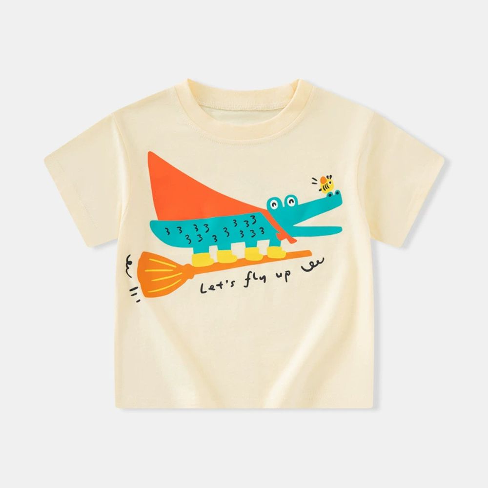 純棉短袖上衣-掃帚小鱷魚-米黃