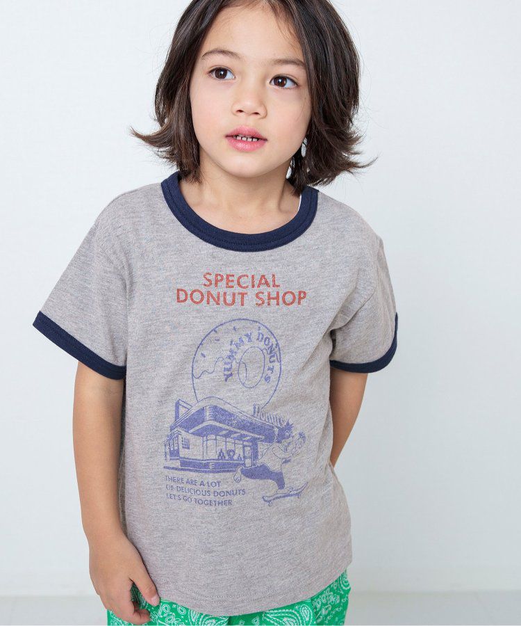 日本 BREEZE - 美式復古印花撞色邊短袖上衣-甜甜圈店-灰