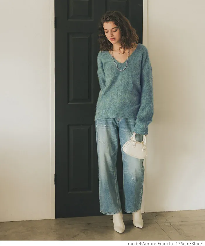 日本 COCA - 大V領混色毛海感針織上衣-藍綠系