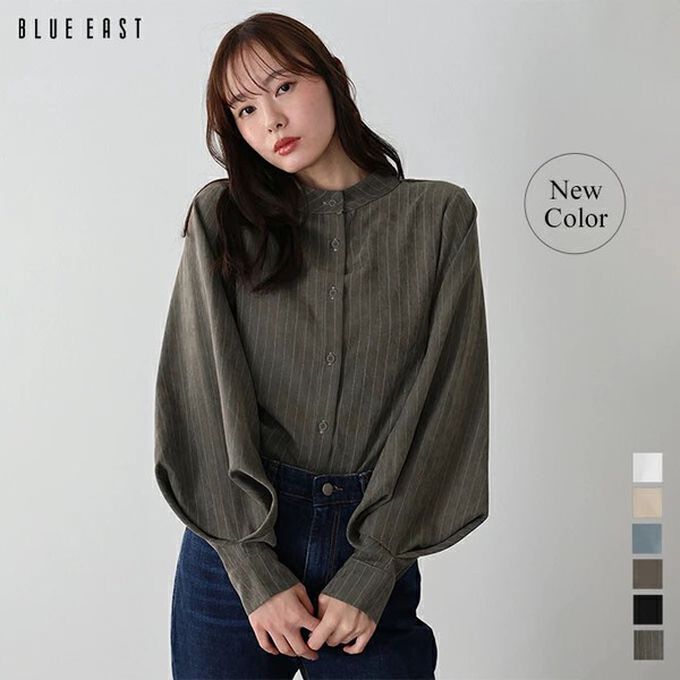 日本 BLUE EAST - 知性小立領澎澎氣球袖襯衫-水藍